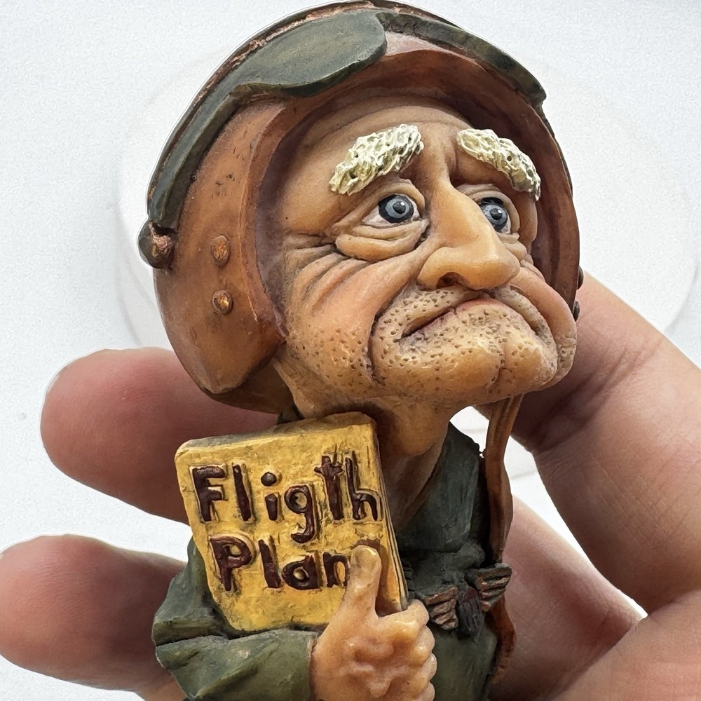 Pete Apsit Old Aviator Figure Holding a Flight Plan Signed Pilot Figurine Wings